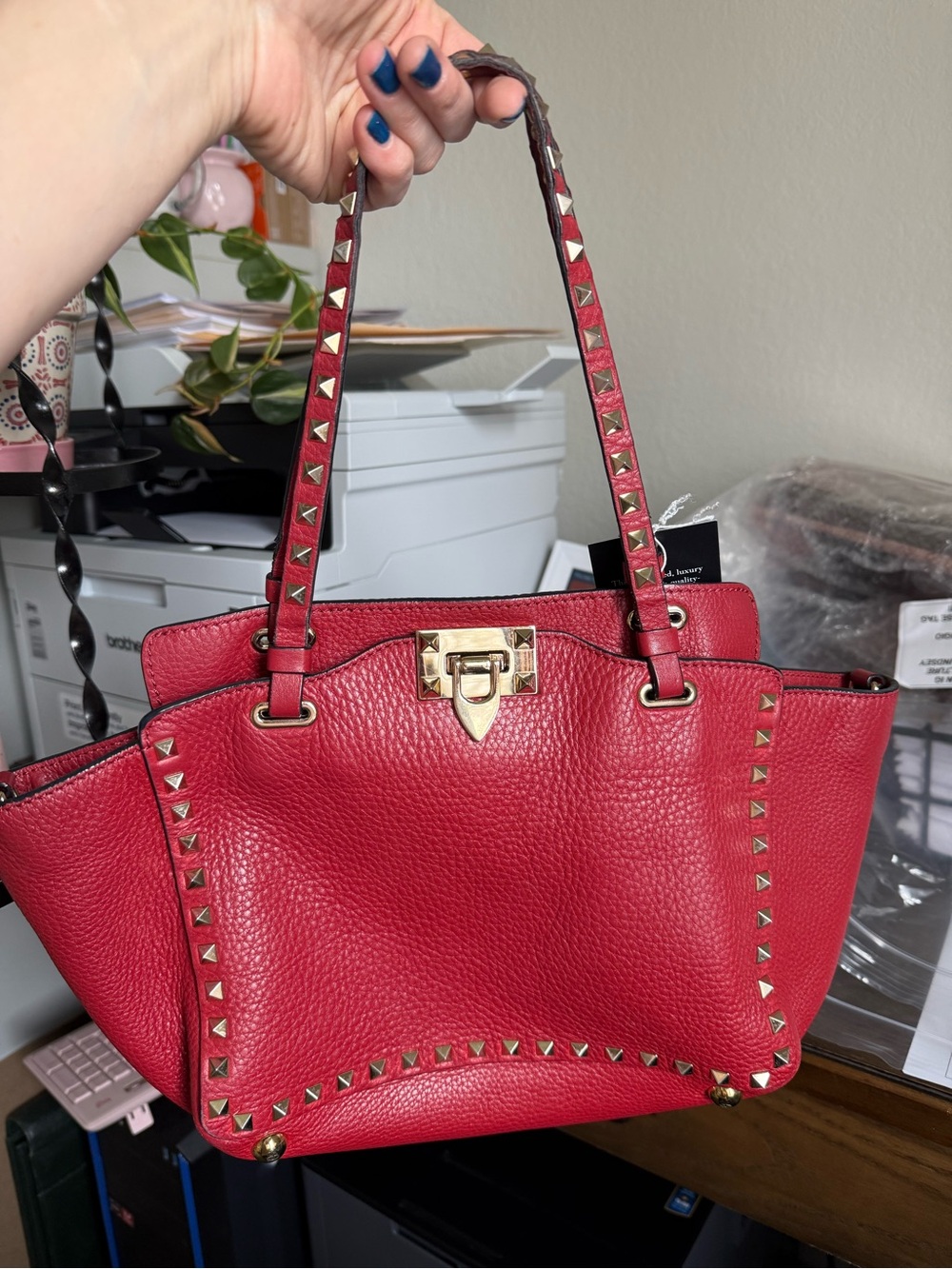 Valentino Garavani Red Pebbled Leather Studded Shoulder Tote
